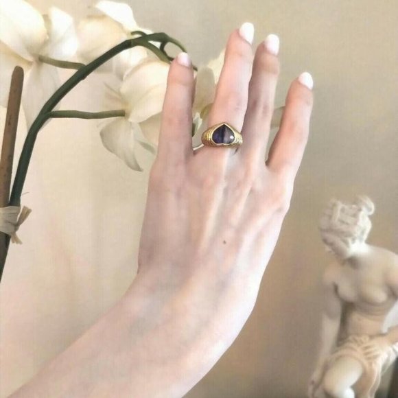 Vintage Bvlgari 18K Yellow Gold Aquamarine Amethyst Heart Ring - Picture 12 of 13